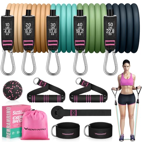 Resistance Bands with Handles, 5 Level Exercise Bands, 150LBS Workout Bands - color: ‎Light yellow, Khaki, Blue, Green, Navy blue, size: 51.0 inch