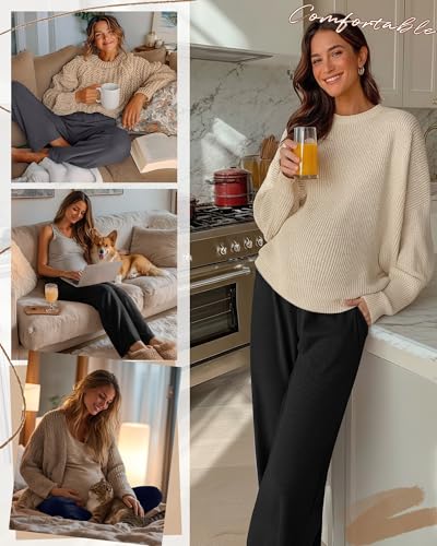 3 Pack Maternity Wide Leg Pants Pregnancy Pants - color: Cement Gray, Navy Blue, Black, size: Large