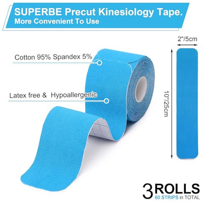 SUPERBE Kinesiology Tape Precut Strips K Tape Rolls for Muscle Support - color: Beige Blue Pink