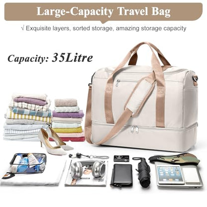 Travel Duffel Bag,Carry-On Overnight Weekender Bags with Shoes Compartment - color: Beige & Brown, size: Small