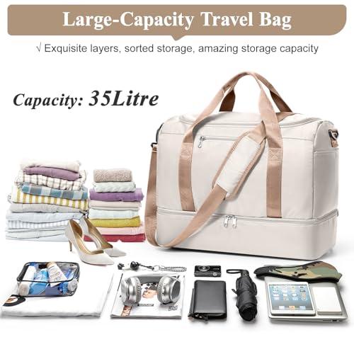 Travel Duffel Bag,Carry-On Overnight Weekender Bags with Shoes Compartment - color: Beige & Brown, size: Small
