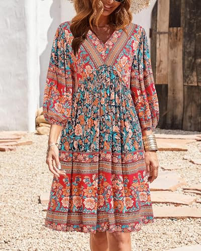 BTFBM Women's Casual Floral Long Sleeve Mini Dress - color: Floral Blue, size: Small
