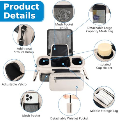 Accmor Universal Stroller Organizer with Insulated Cup Holder - color: All Off White/Detachable Diaper Pocket