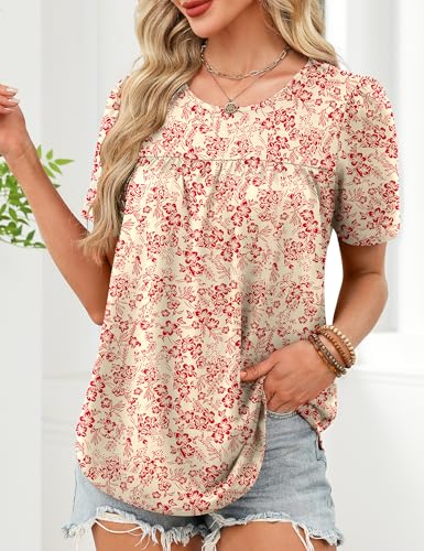 LUYAA Womens Dressy Casual Tops Short Sleeve Blouse Crew Neck Loose Fit Summer Clothes M-4XL - color: Apricot Red Floral, size: Medium
