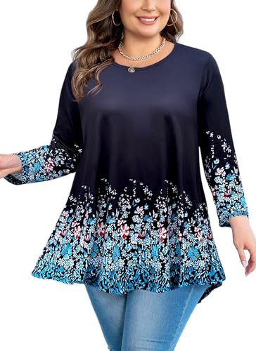Plus Size Tops Womens Swing Tunic 3/4 Sleeve Flowy Long Blouses - color: Black Blue Floral Tunic, size: 5X-Large