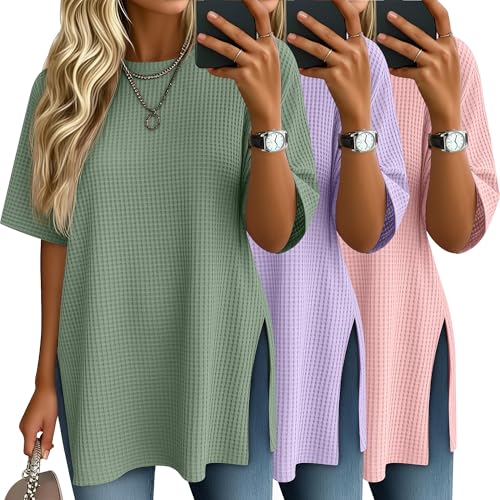 3 Pack Womens Oversized Waffle Knit Tops - color: Dusty Pink, Grayish Purple, Grass Green, size: Small