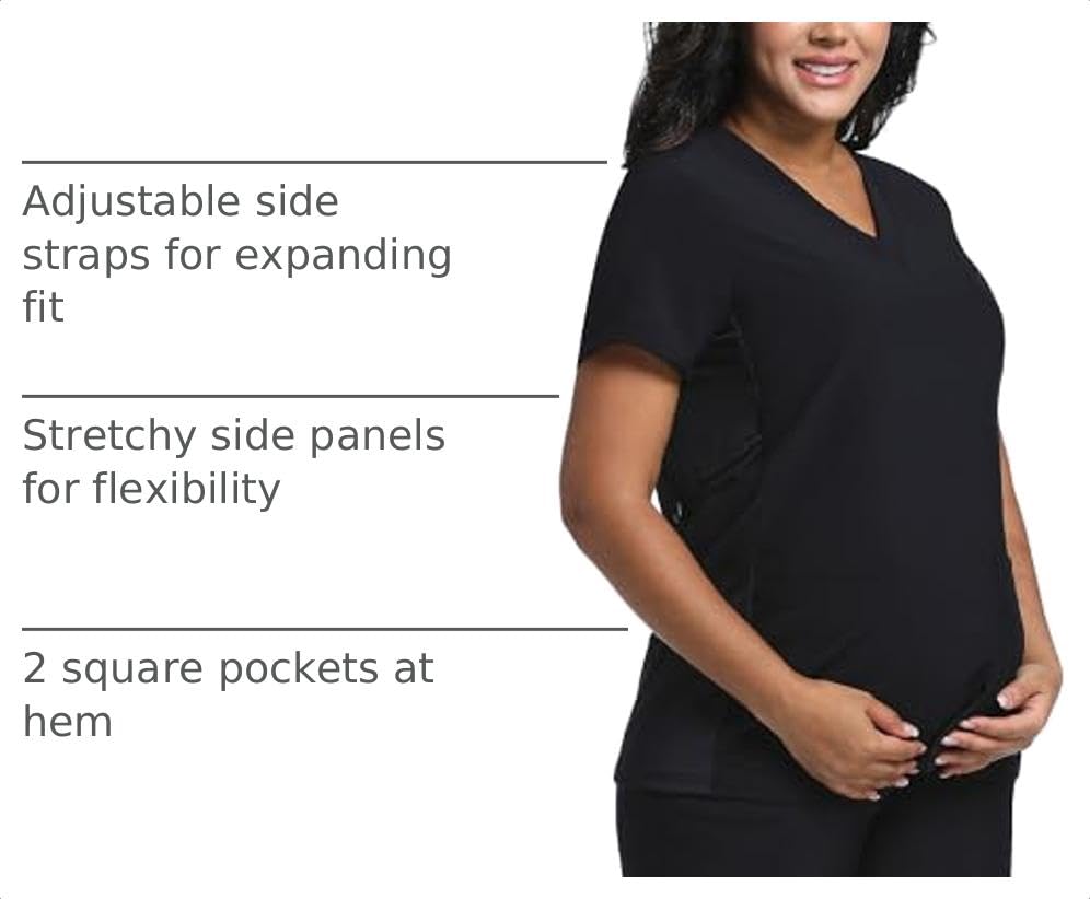 COZYFIT Maternity Scrub Top, V-Neck Pregnancy Shirt with 2 Pockets - color: Black, size: Large