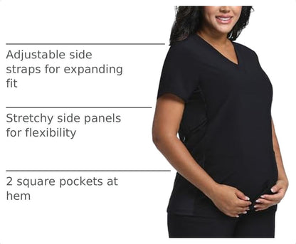 COZYFIT Maternity Scrub Top, V-Neck Pregnancy Shirt with 2 Pockets - color: Black, size: Large