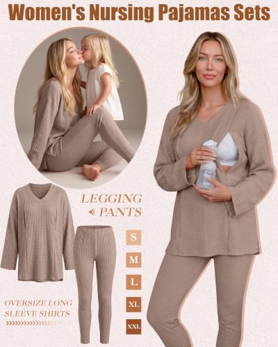 Neer 2 Pcs Maternity Nursing Pajamas Set Oversize - color: Light Coffee, size: Large