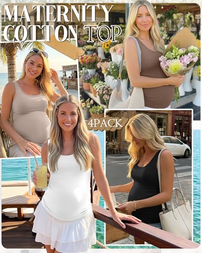 Xaatren 4 Pack Women's Maternity Tank Tops - color: Light Coffee, Coffee, White, Black, size: Small