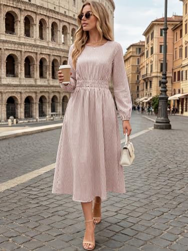 ANRABESS Women's Long Sleeve Striped Fall Midi Dress with Pockets - color: Light Brown White Stripe, size: X-Large
