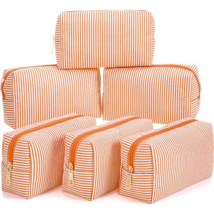 Sanwuta 6 Pcs Seersucker Cosmetic Bags Bulk, Striped Zippered,Orange - color: Orange