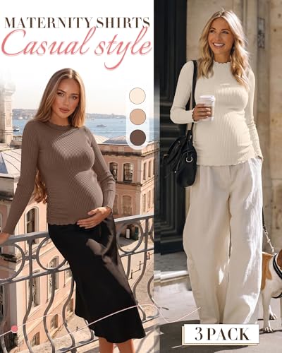 Huukeay 3 Pack Women Ribbed Long Sleeve Crew Neck Maternity Tops - color: Apricot, Khaki, Coffee, size: Medium