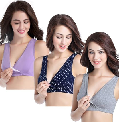 CAKYE 3 Pack Maternity Nursing Sleep Bra Breastfeeding Cotton Bralette - color: Navy Dot/Grey/Lavender, size: X-Large