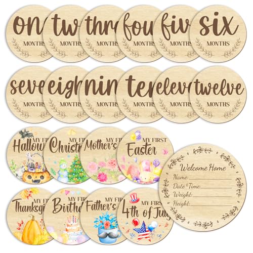 11PCS Baby Monthly Milestone for Photo Props, Wooden Double Sided Monthly Milestone Photo Cards for Baby Announcement Newborn Shower Gifts Party, First Holiday Milestones Signs Wooden Discs - color: style 1