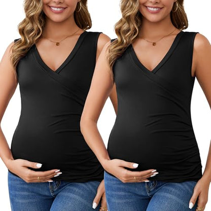 Womens 2-Pack Outfits Nursing Tank Wrap V-Neck Shirts Ruched Breastfeeding Sleeveless Maternity Tops - color: 2pack Black, size: Large