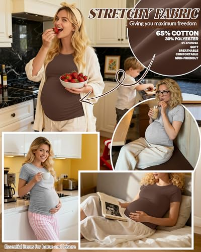 Huukeay 4 Pack Women's Short Sleeve Maternity Tops - color: Coffee, Dark Gray, Light Heather Gray, Black, size: Medium