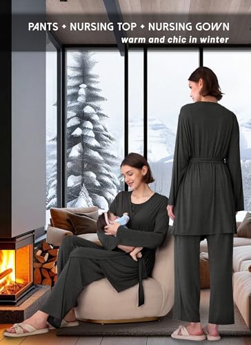 Rnxrbb 3 PCS Nursing Pajamas Robe Set Maternity Postpartum Pjs for Hospital - color: Deep Gray, size: Large