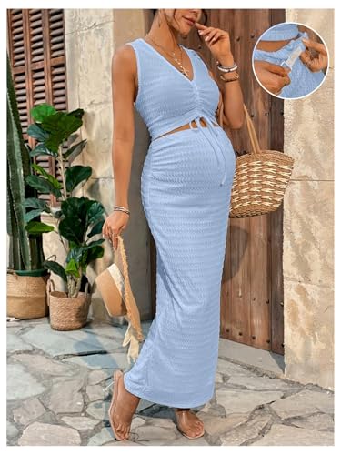 Milumia Women's Maternity 2 Piece Outfits Tank Top Bodycon Maxi Skirt Sets - color: Light Blue, size: Medium