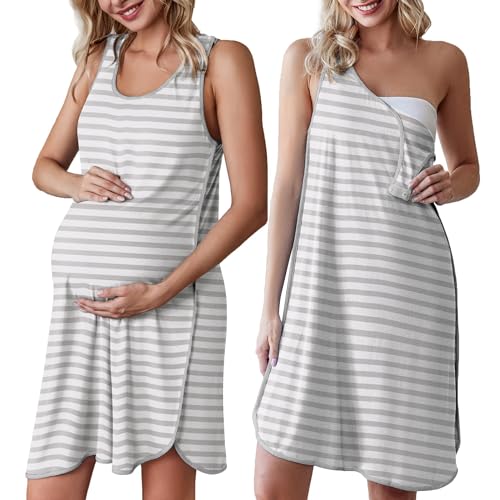 Labor and Delivery Gown Maternity Dress Breastfeeding Nursing Nightgown - color: Grey Striped, size: X-Large
