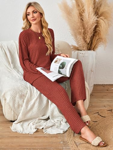 Kikibell Womens Sets 2 Piece Outfits Matching Lounge Set Cozy Knit Pajamas - color: Brick Red, size: Medium