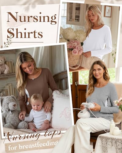 Oakgarden 4 Pack Women Cotton Nursing Tops for Breastfeeding - color: Brown, White, Gray, Black, size: Medium