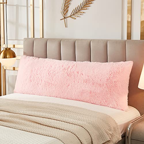 JAUXIO Faux Fur Fluffy Body Pillow Cover Luxury Shaggy Plush Decorative Solid Body Pillowcase, Ultra Soft and Cozy Zipper Closure 21 x 54 Inches, Pink - color: Pink