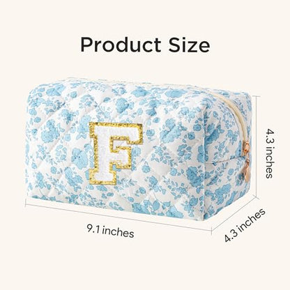 HBselect Personalized Makeup Bag for Women Initial Quilted Toiletry Bag - color: Blue Flower, size: F
