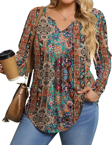 IN'VOLAND Womens Plus Size Long Sleeve Shirts Fall Tunic Top V Neck Shirt - color: Boho-mz721, size: 1X
