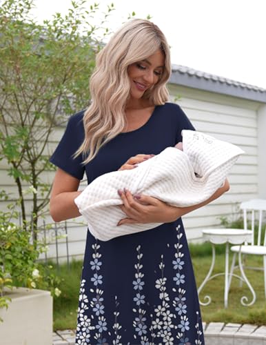 Maternity Summer Dress Breastfeeding Nursing Friendly Pregnancy Dresses - color: Navy Blue Floral, size: Large
