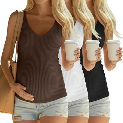 3 Pack Maternity Tank Tops Ribbed V Neck - color: Coffee, Black, White, size: XX-Large