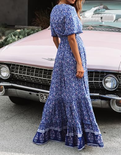 R.Vivimos Womens Summer V Neck Floral Print Boho Midi Dress - color: Blue, size: X-Large