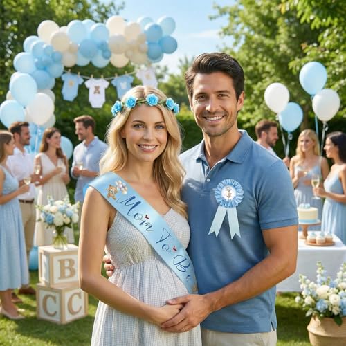 Bearly Wait Mom to Be Sash Teddy Bear Baby Shower Decor Set - color: Blue