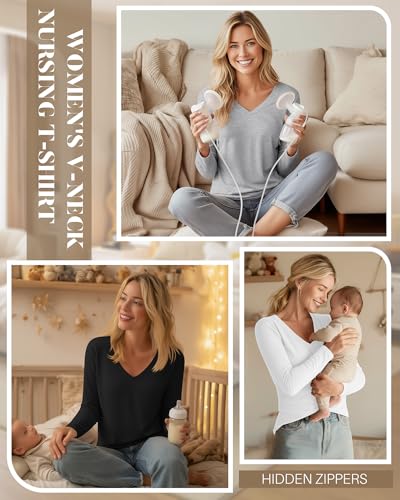 Huukeay 3 Pack Maternity Nursing Tops Breastfeeding Shirts - color: Black, Gray, White, size: Medium