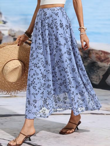ELLEVEN Women’s Boho Floral Mesh Maxi Skirt - color: Dusty Blue, size: Medium