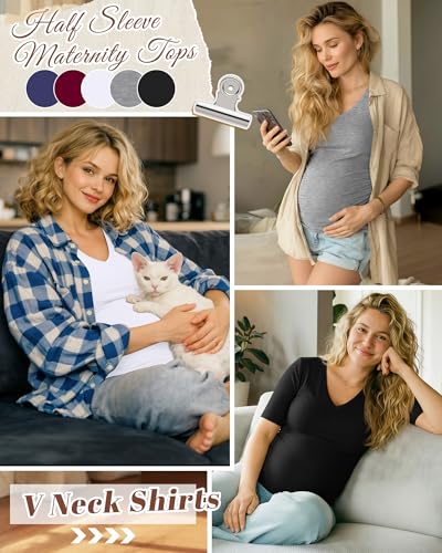 Riyiper 5 Pack Women's Maternity Shirts - color: Black, Light Gray, White, Navy Blue, Wine Red, size: Small