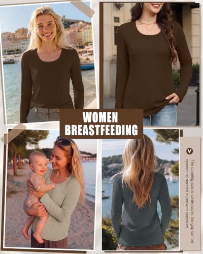 3 Pack Women's Long Sleeve Nursing Tops - color: Dark Gray, Light Camel, Dark Brown, size: Medium