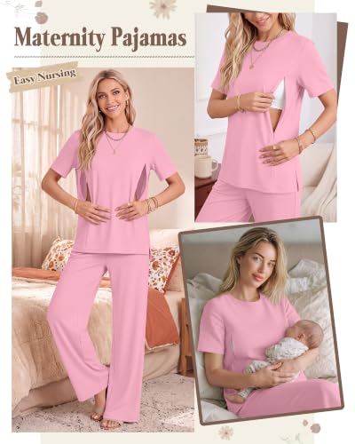 2Pc Postpartum Nursing Pajamas Set - color: Pink, size: Large