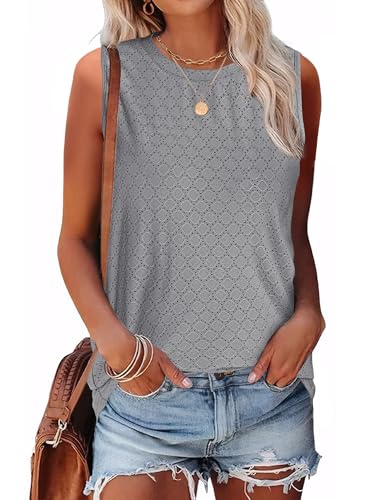 Sampeel Womens Tank Tops Eyelet Loose Casual Summer Tops Crew Neck Basic Sleeveless Shirts Trendy 2026 - color: Grey, size: Small