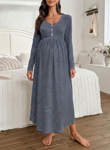 BLENCOT Maternity Dress V Neck Long Sleeve Striped Button Down Maxi Dresses - color: Navy Blue, size: Medium