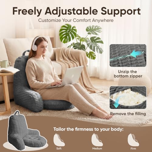 21"H Large Reading Pillow, Backrest Pillow with Floor Cushion Pillow - color: Gray, size: Large(21inch)+Cushion