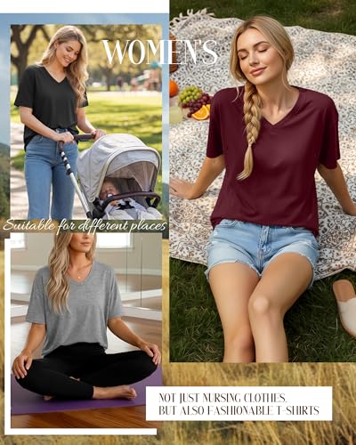 4 Pack Women's Oversize Nursing Tops - color: Wine Red, Khaki, Light Gray, Black, size: XX-Large