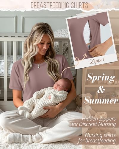 Oakgarden 4 Pack Nursing Breastfeeding Shirts - color: Cream, Dusty Purple, Light Gray, Black, size: Medium