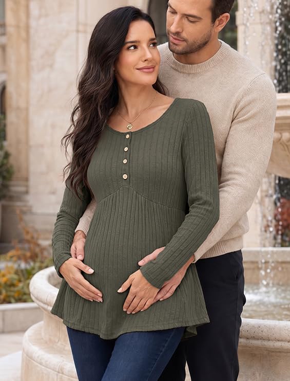 Genhoo Womens Maternity Tops Long Sleeve Maternity Shirts Henley Clothes - color: Army Green, size: Medium