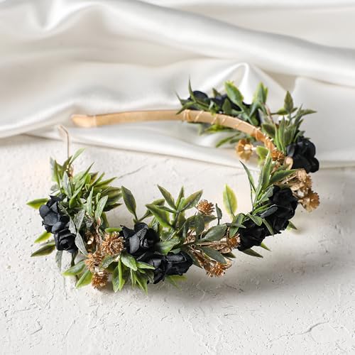 Black Flower Crown Headband, Fairy Dark Floral Headpiece - color: Black