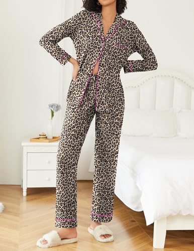 Ekouaer Womens Pajamas Set Button Down Long Sleeve Top & Pants Lounge Sets - color: Brown Leopard, size: Medium