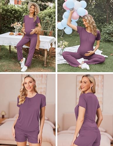 Ekouaer Maternity Nursing Pajamas Set 3 Piece Postpartum Breastfeeding Pjs - color: Purple Red, size: Large