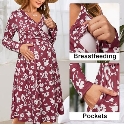 OUGES Women's Nursing Breastfeeding Pocket Fall Baby Shower Maternity Dress - color: White Floral Red, size: Large