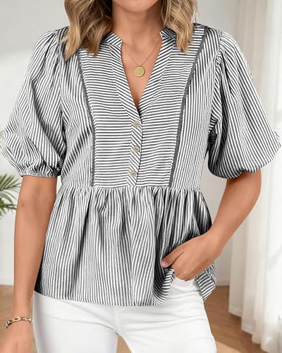 dowerme Women Lantern Sleeve Button Up Stripes Babydoll Tops - color: Black, size: Medium