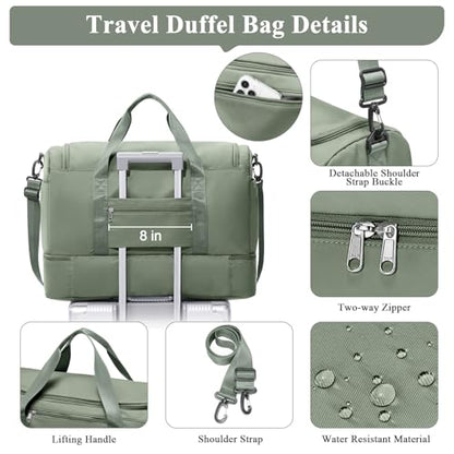 Travel Duffel Bag,Carry-On Overnight Weekender Bags with Shoes Compartment - color: Olive Green, size: Small